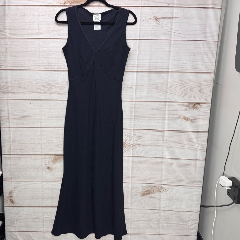 Laura Ashley Vintage Navy Blue Sleeveless V-Neck Maxi Dress Size 8 MD 702 RS